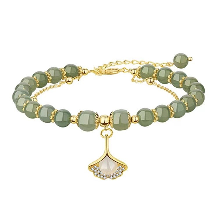 Bracelet en Jade Hetian Artificiel avec Feuille en Couleur Dorée