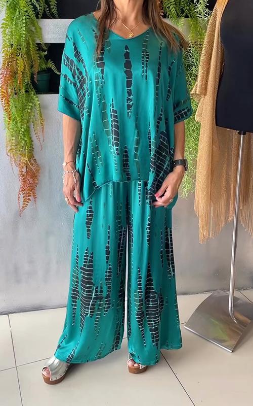 Ensemble deux pièces ample et décontracté en satin à col rond