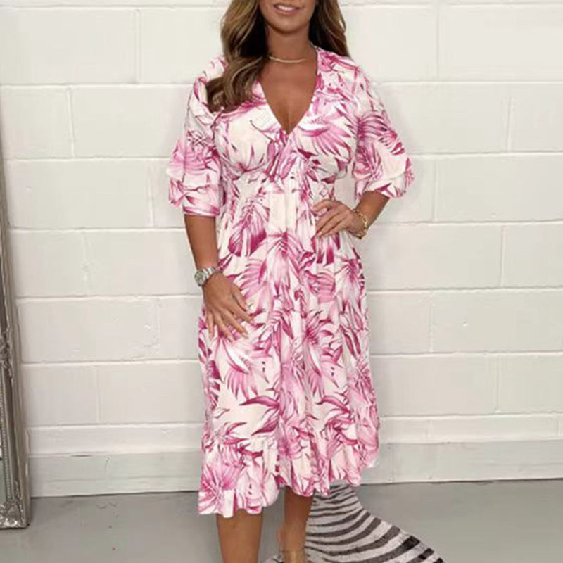 Robes élégantes à col en V et imprimé botanique pour femme
