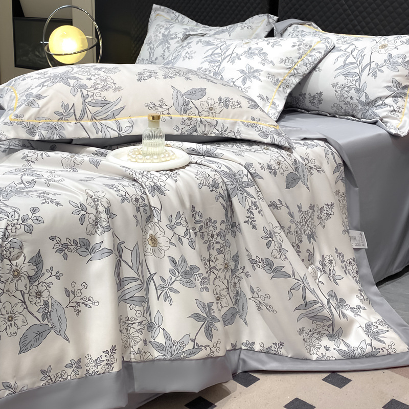 Housse de lit floral respirante et rafraîchissante - Ensemble de 4 pièces