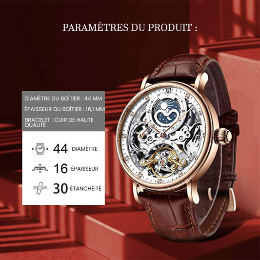 Montre automatique mécanique étanche et multifonctionnelle pour homme avec double fuseau horaire