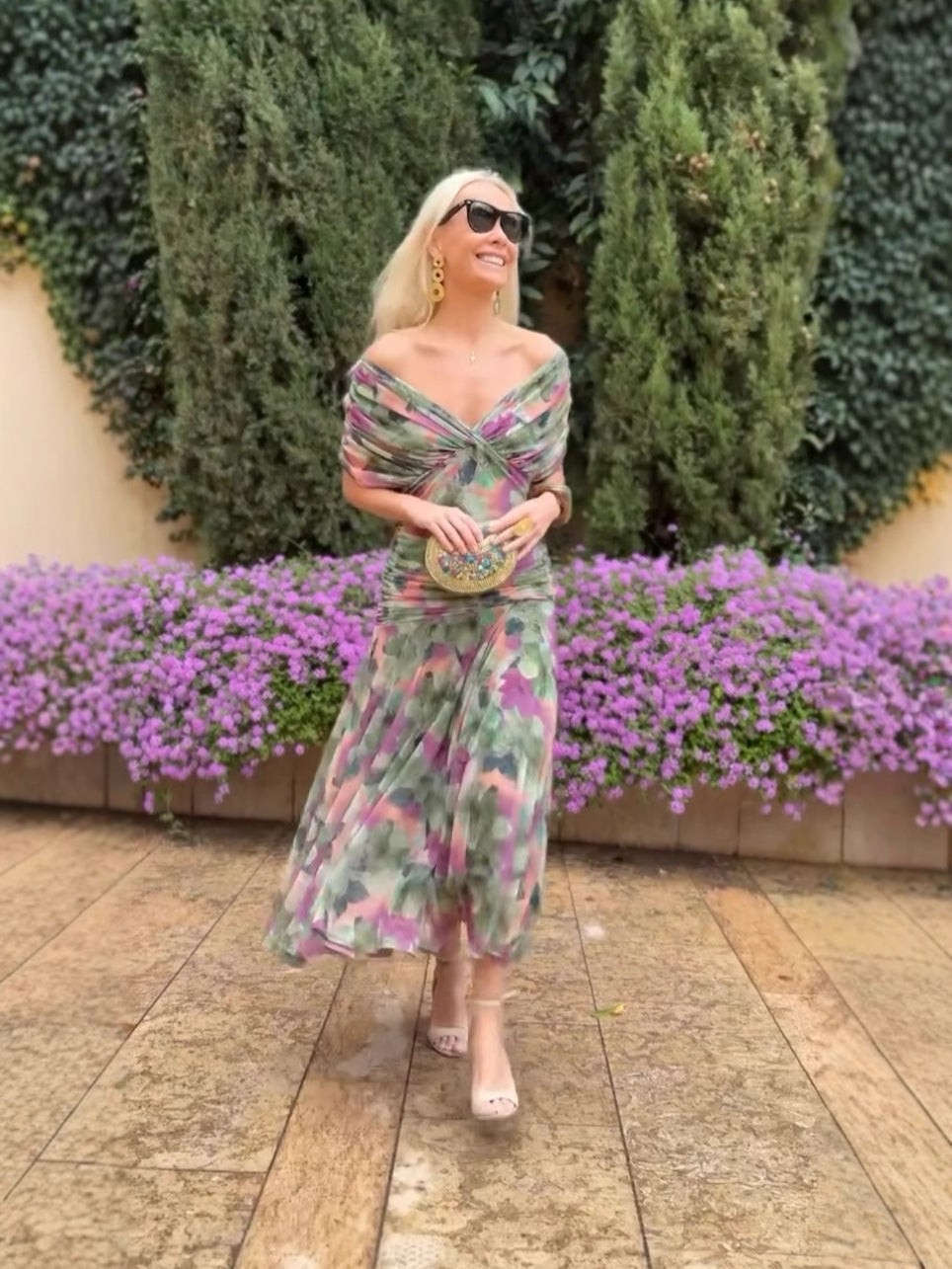 🎁  Vente chaude 50% de réduction 🔥 Robe imprimée à col V hors épaule pour femmes