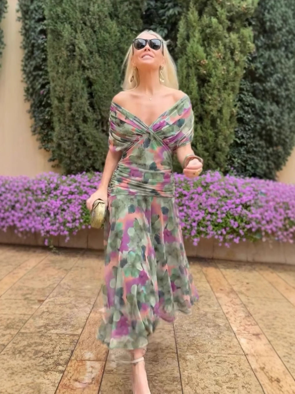 🎁  Vente chaude 50% de réduction 🔥 Robe imprimée à col V hors épaule pour femmes