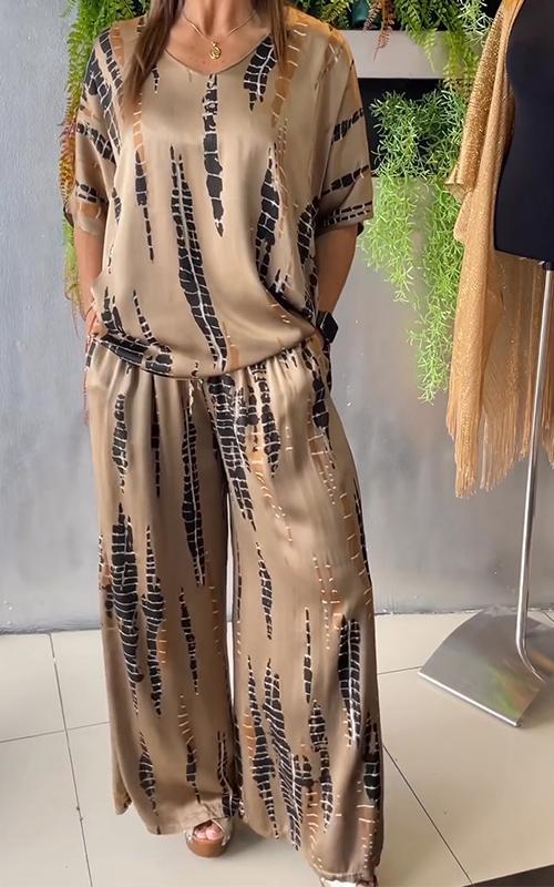 Ensemble deux pièces ample et décontracté en satin à col rond