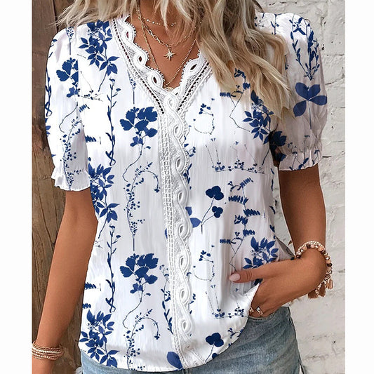 T-shirt imprimé à col en V et bordure en dentelle pour femmes d'été