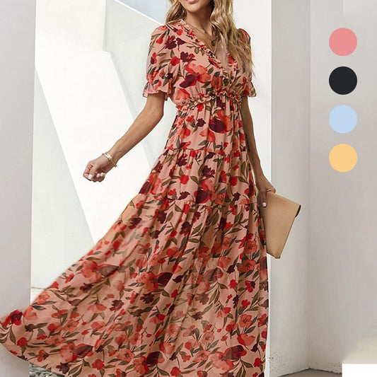 Robe Imprimée Décontractée à Manches Longues avec Col en V