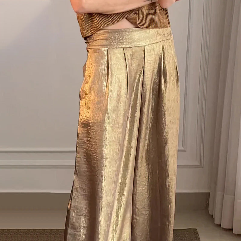 🔥Offre Fête des mères - 30% de réduction🤱Ensemble deux pièces gilet brillant et pantalon large pour femmes