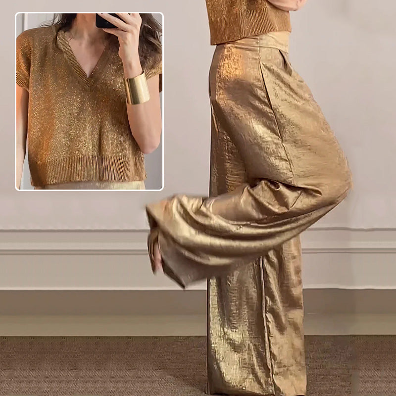 🔥Offre Fête des mères - 30% de réduction🤱Ensemble deux pièces gilet brillant et pantalon large pour femmes