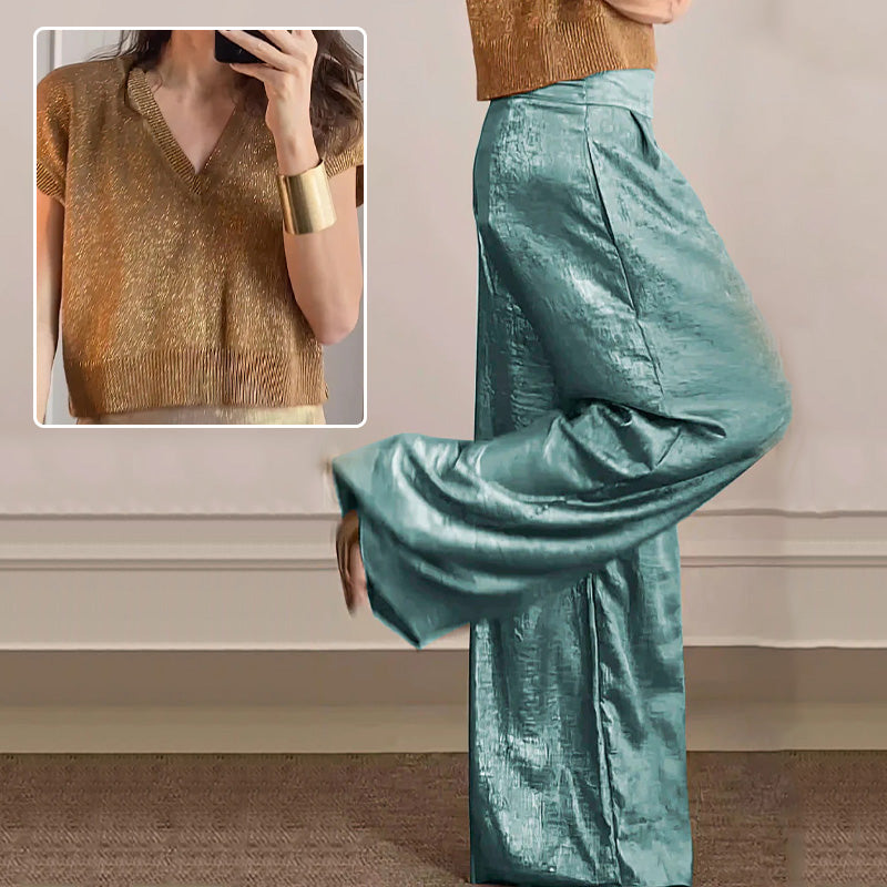 🔥Offre Fête des mères - 30% de réduction🤱Ensemble deux pièces gilet brillant et pantalon large pour femmes