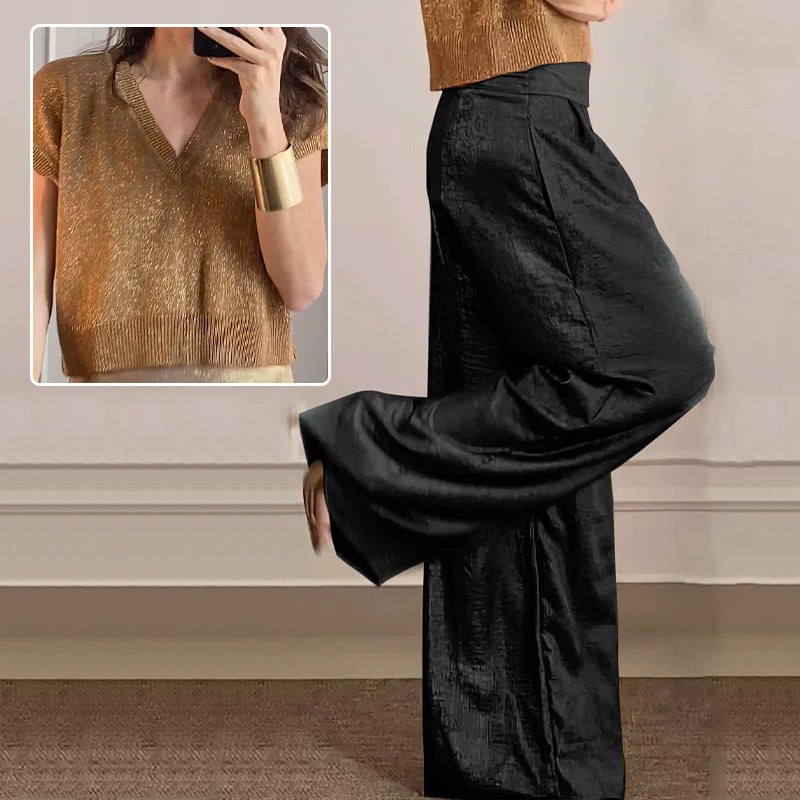 🔥Offre Fête des mères - 30% de réduction🤱Ensemble deux pièces gilet brillant et pantalon large pour femmes