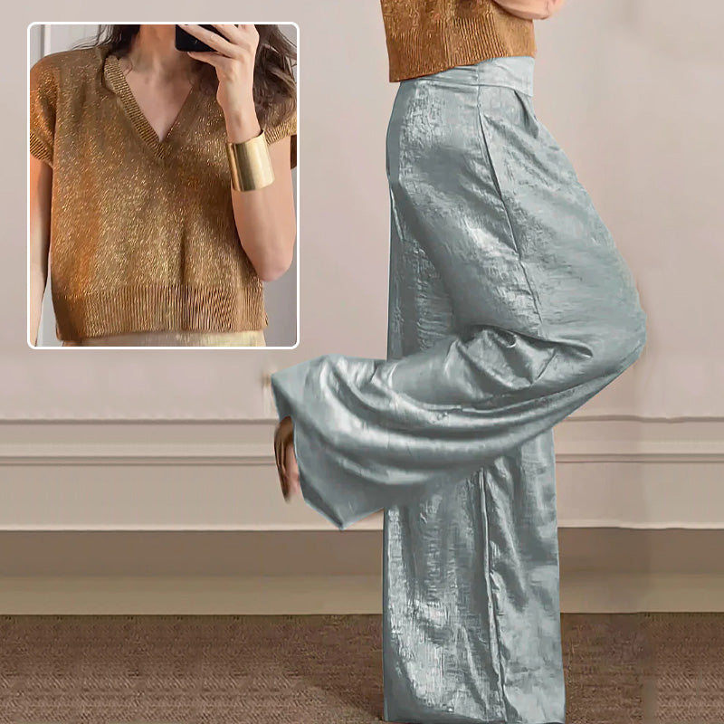 🔥Offre Fête des mères - 30% de réduction🤱Ensemble deux pièces gilet brillant et pantalon large pour femmes