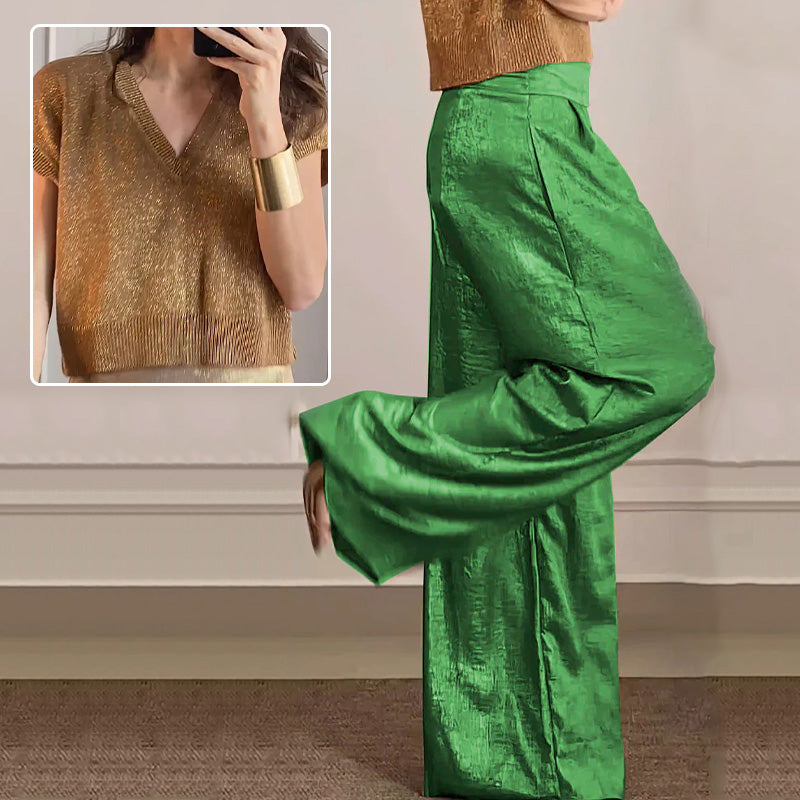 🔥Offre Fête des mères - 30% de réduction🤱Ensemble deux pièces gilet brillant et pantalon large pour femmes