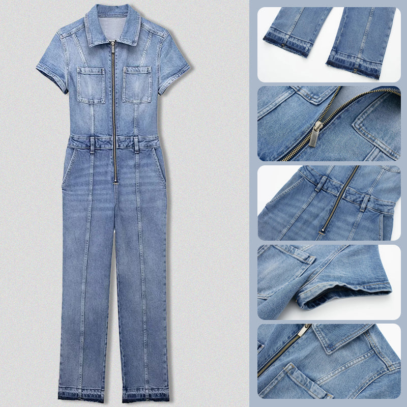 Combinaison zippée en denim avec manches courtes et poches pour femmes