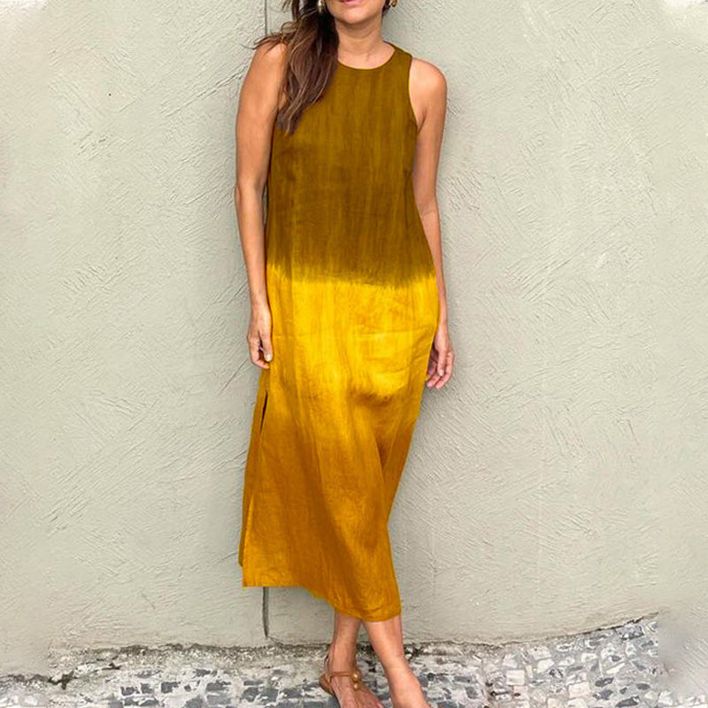 Longue robe sans manches en coton et lin avec fente et dégradé de couleurs