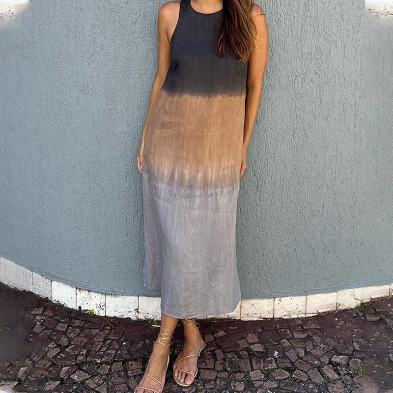 Longue robe sans manches en coton et lin avec fente et dégradé de couleurs