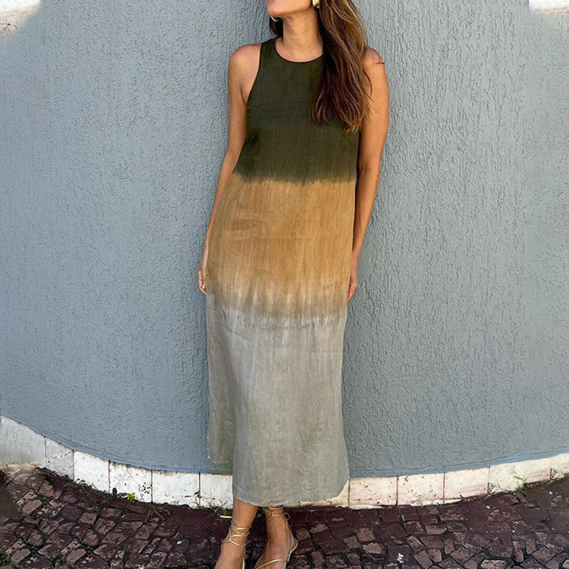 Longue robe sans manches en coton et lin avec fente et dégradé de couleurs