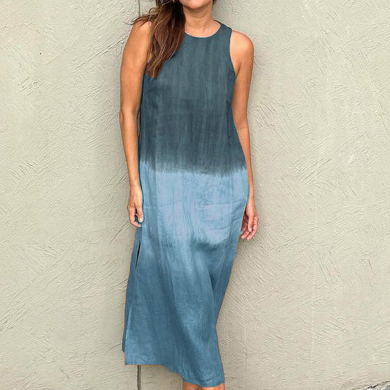 Longue robe sans manches en coton et lin avec fente et dégradé de couleurs