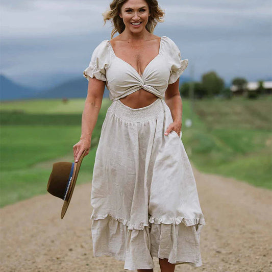 Robe à volants à nouer dans le dos et à poches