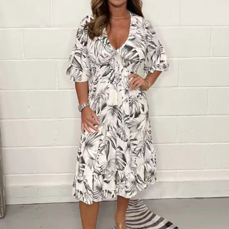 Robes élégantes à col en V et imprimé botanique pour femme
