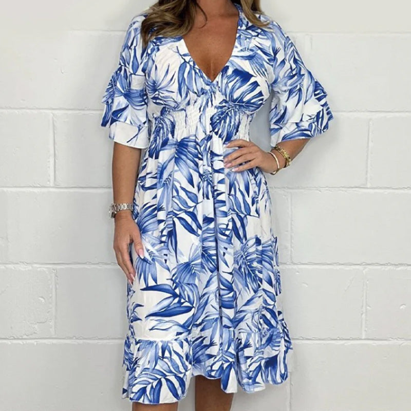 Robes élégantes à col en V et imprimé botanique pour femme