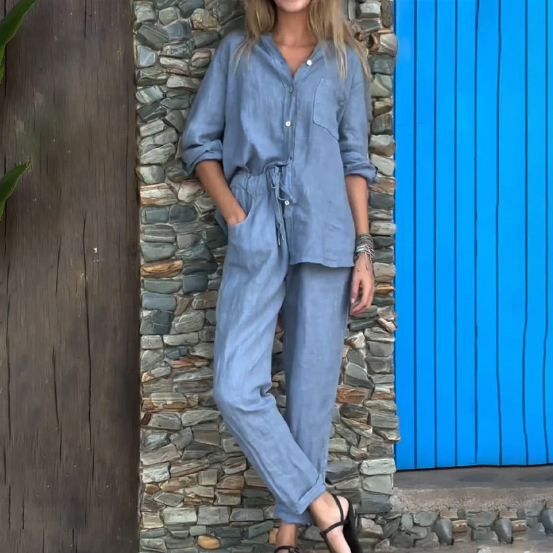 🔥39% de réduction🌈Ensemble 2 pièces pour femme - chemise grande taille en coton et lin et pantalon taille haute