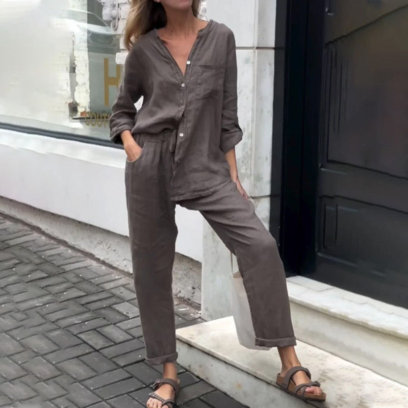 🔥39% de réduction🌈Ensemble 2 pièces pour femme - chemise grande taille en coton et lin et pantalon taille haute