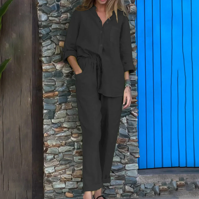 🔥39% de réduction🌈Ensemble 2 pièces pour femme - chemise grande taille en coton et lin et pantalon taille haute