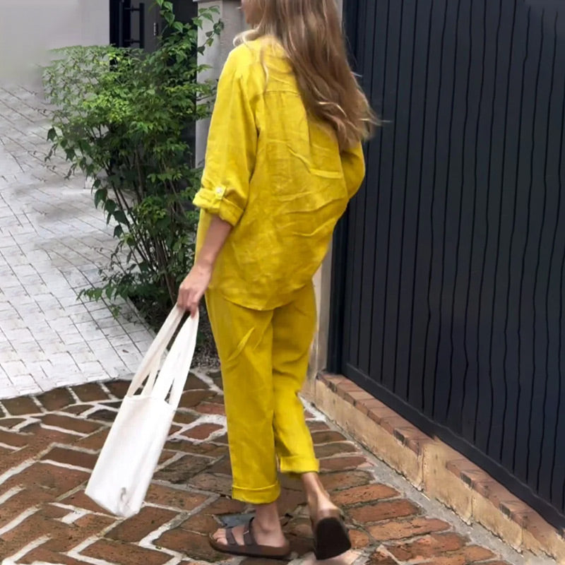 🔥39% de réduction🌈Ensemble 2 pièces pour femme - chemise grande taille en coton et lin et pantalon taille haute