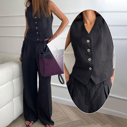 💥39% de réduction pour une durée limitée💥Ensemble décontracté 2 pièces pour femme, gilet sans manches à col en V et pantalon à jambes larges