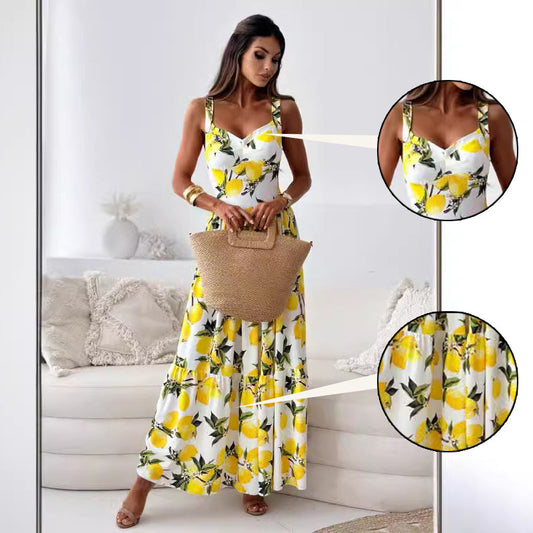 💕Robe longue élégante à bretelles spaghetti et imprimé citron pour femmes