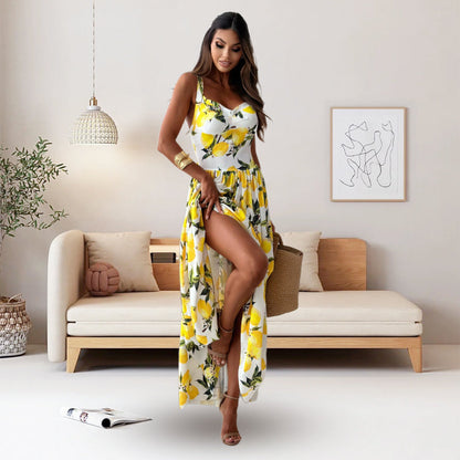 💕Robe longue élégante à bretelles spaghetti et imprimé citron pour femmes