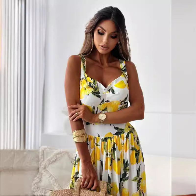 💕Robe longue élégante à bretelles spaghetti et imprimé citron pour femmes
