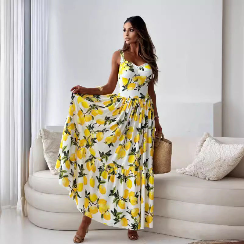 💕Robe longue élégante à bretelles spaghetti et imprimé citron pour femmes