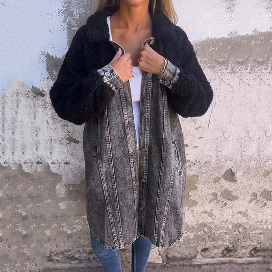 🍂Réduction d'automne 39%🍂Veste chemise longue en denim doublée de sherpa pour femme