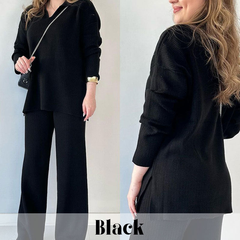 🔥LIVRAISON GRATUITE🔥Costume en tricot extensible confortable à col en V pour femme (haut + pantalon)
