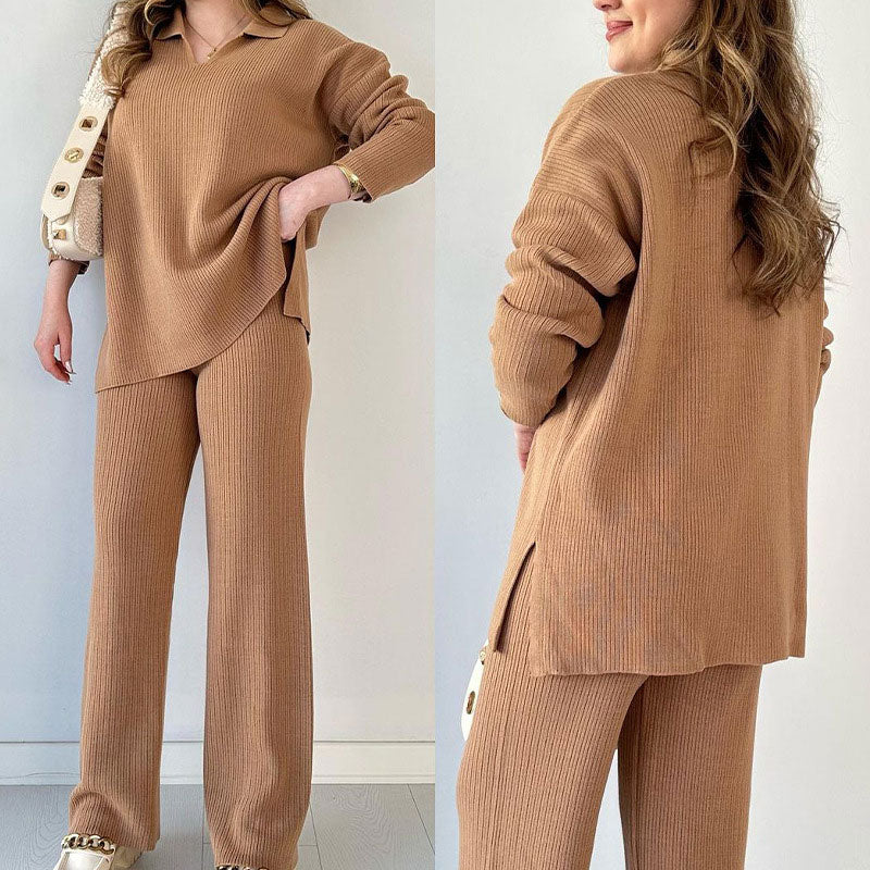 🔥LIVRAISON GRATUITE🔥Costume en tricot extensible confortable à col en V pour femme (haut + pantalon)