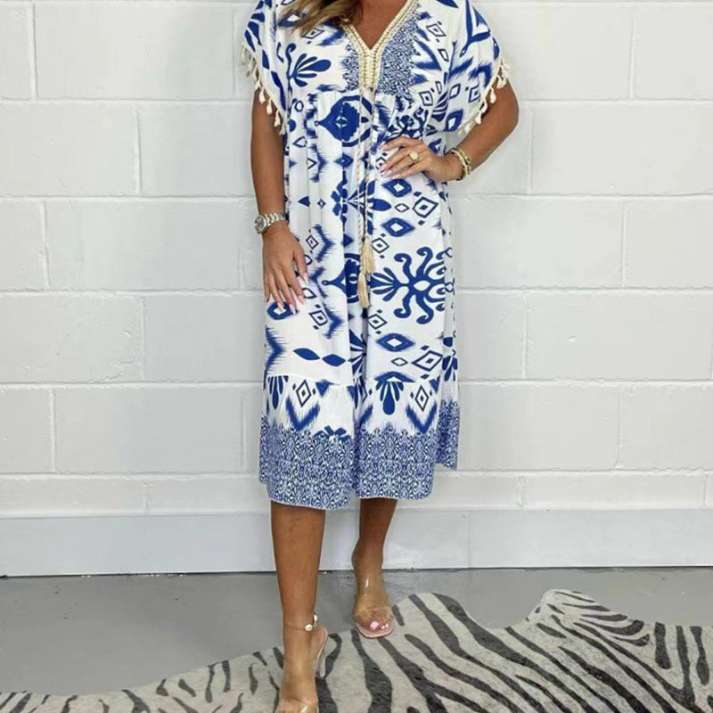 ✨Robe décontractée imprimée avec col en V et manches courtes à franges