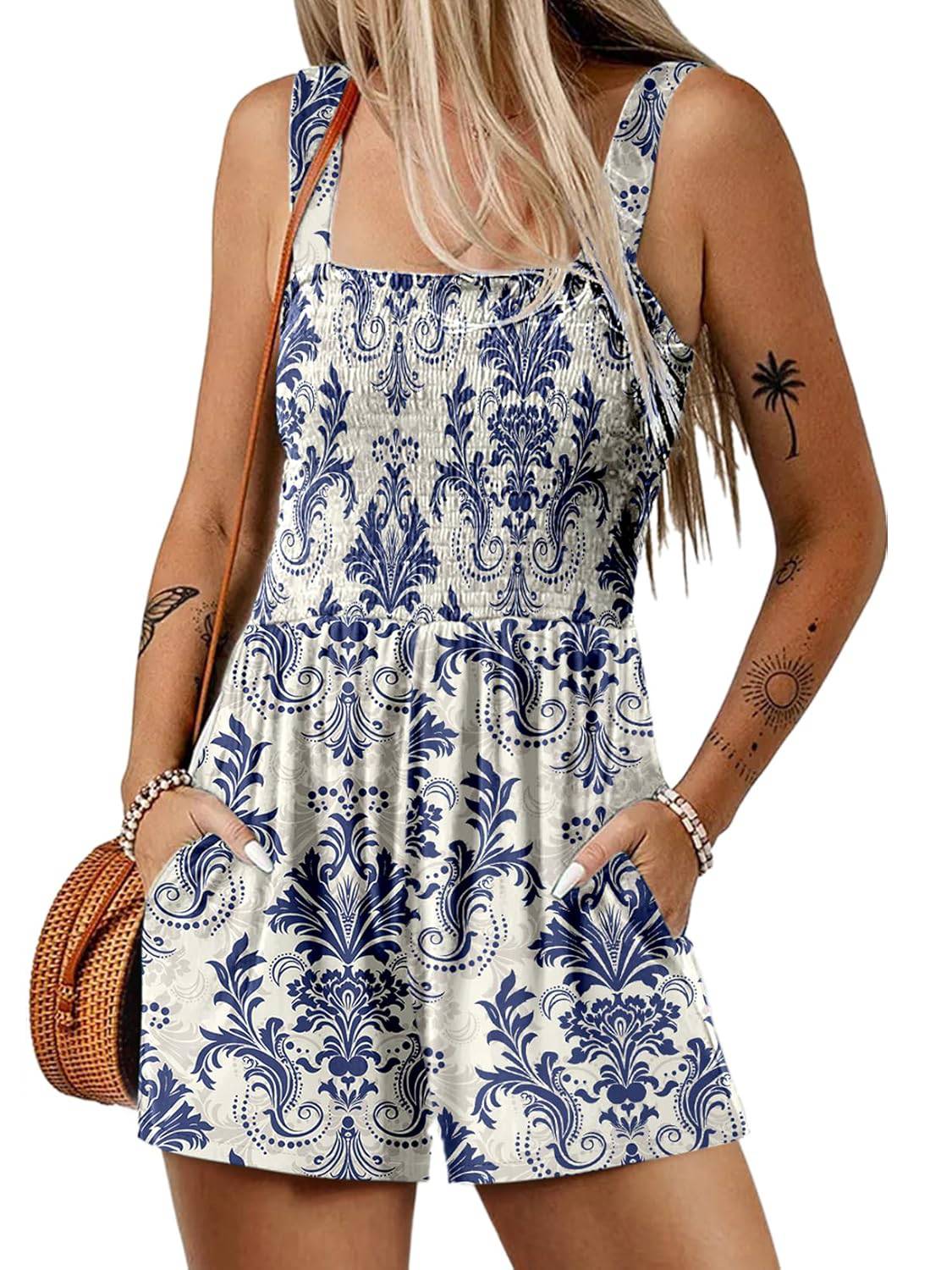⏰Offre spéciale 50 % de réduction 💃Combinaison courte brodée ample sans manches à col carré pour femme