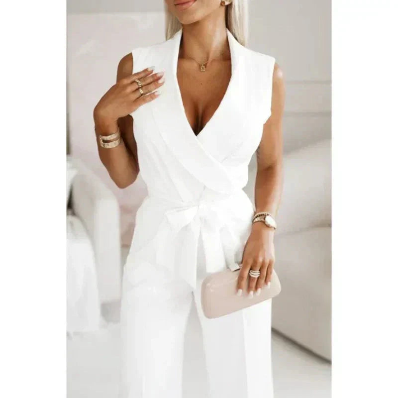 ☀️Frauen Col en V sans manches Solid Jumpsuit🕊️