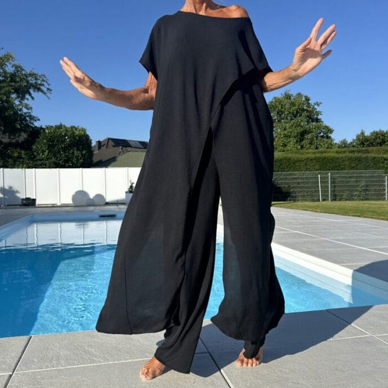Ensemble d'un top et d'un pantalon décolletés unicolores