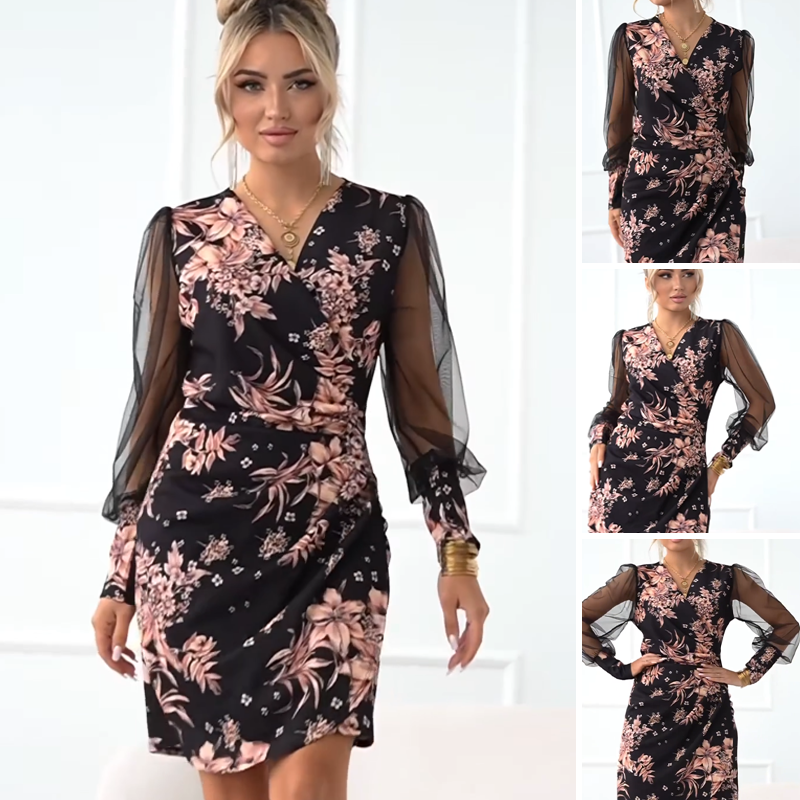 🌄Robes à manches longues et col en V à imprimé floral pour femmes