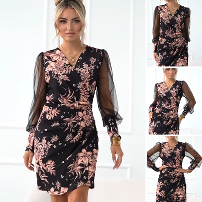 🌄Robes à manches longues et col en V à imprimé floral pour femmes