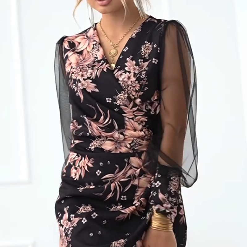 🌄Robes à manches longues et col en V à imprimé floral pour femmes