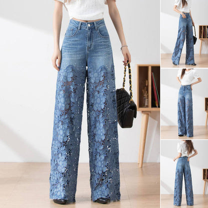 Pantalon large en denim bleu à taille haute pour femmes avec empiècements en dentelle découpés