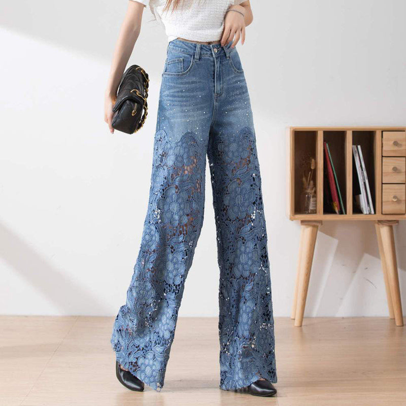 Pantalon large en denim bleu à taille haute pour femmes avec empiècements en dentelle découpés