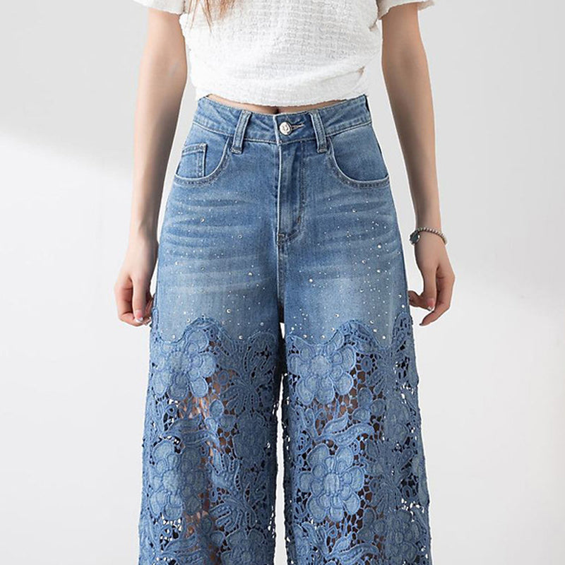 Pantalon large en denim bleu à taille haute pour femmes avec empiècements en dentelle découpés