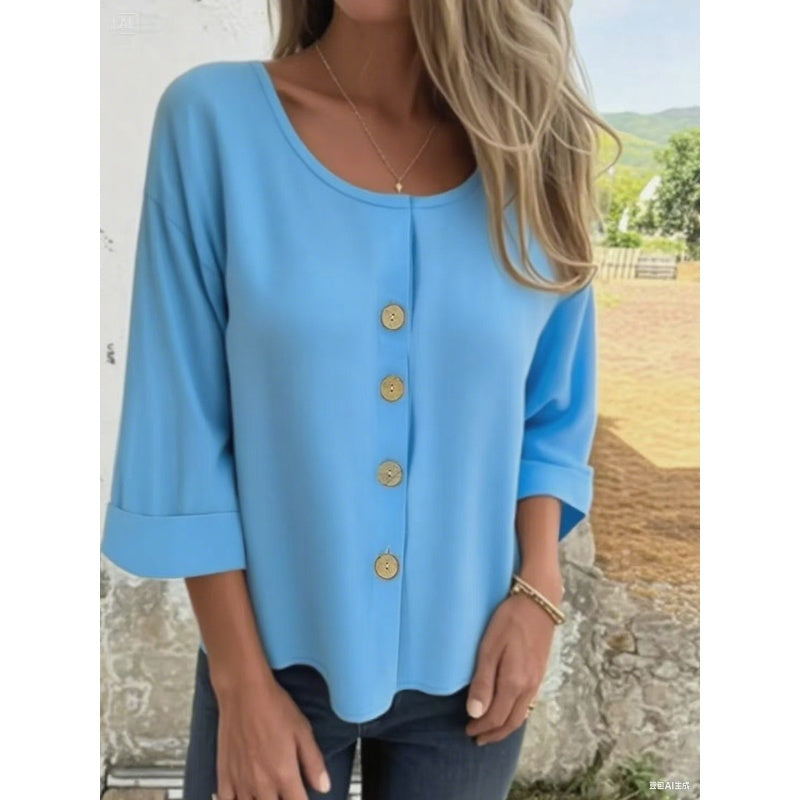 Top décontracté à manches 3/4 et col ras du cou pour femmes