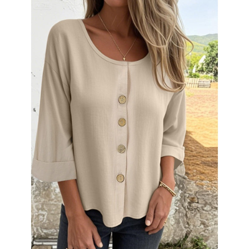 Top décontracté à manches 3/4 et col ras du cou pour femmes