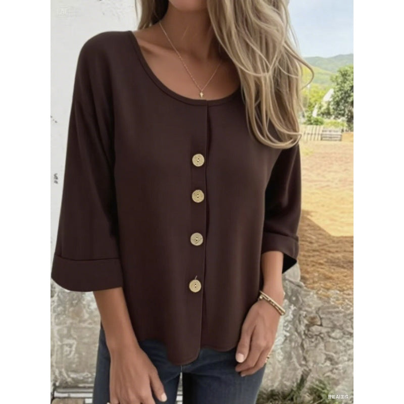 Top décontracté à manches 3/4 et col ras du cou pour femmes