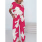 Ensemble estival à manches courtes, imprimé rose et blanc, et pantalon à jambes larges, 2 pièces